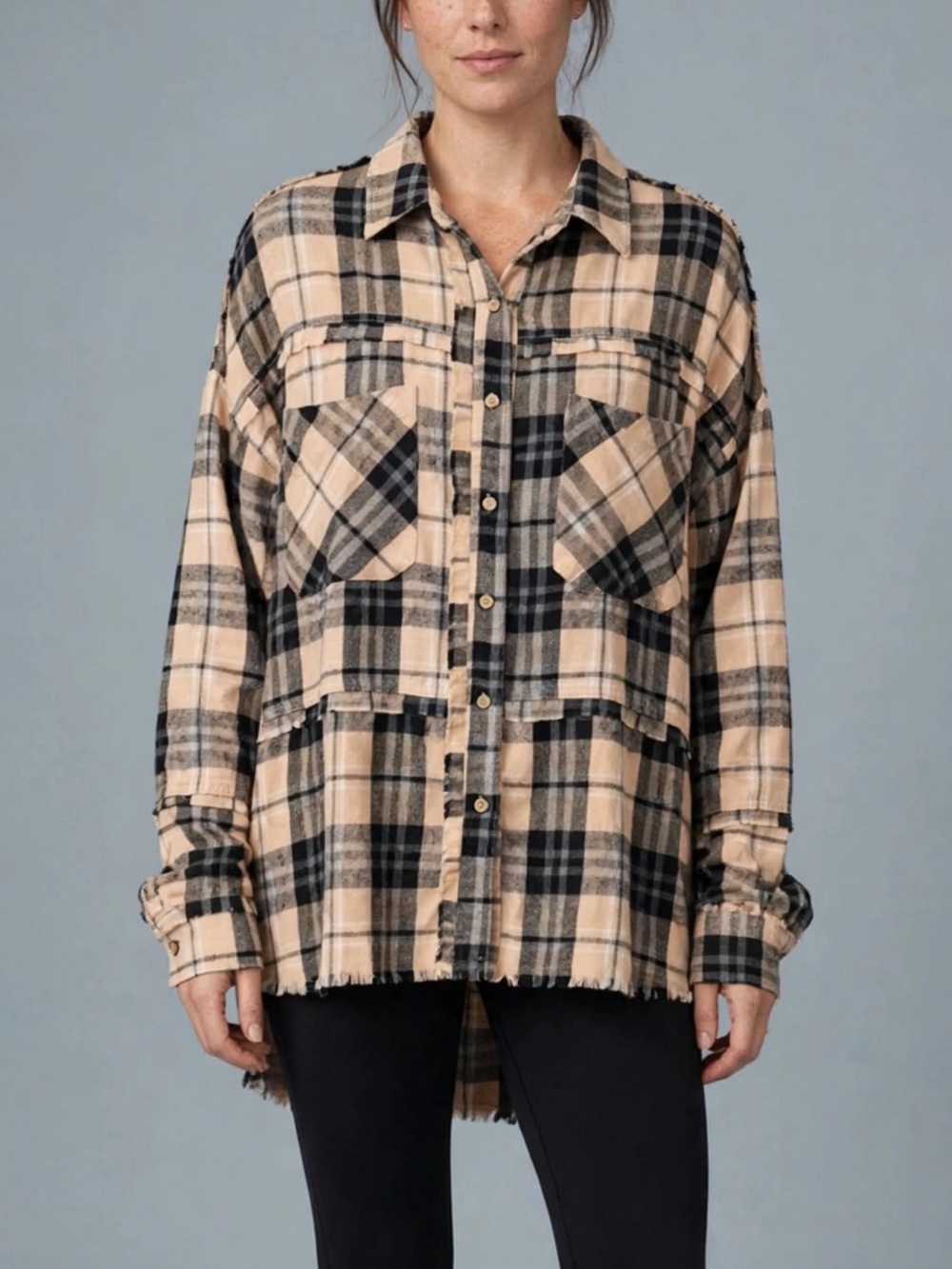 Oli & Hali Beige and Black Plaid Shacket OVERSIZED LARGE PIT 23” length 30”
